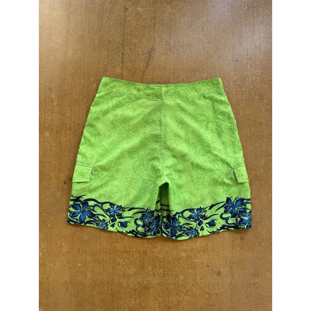 VTG Y2K No Boundaries Board Shorts Swim Trunks Surfer Lime Green Flowers 34W